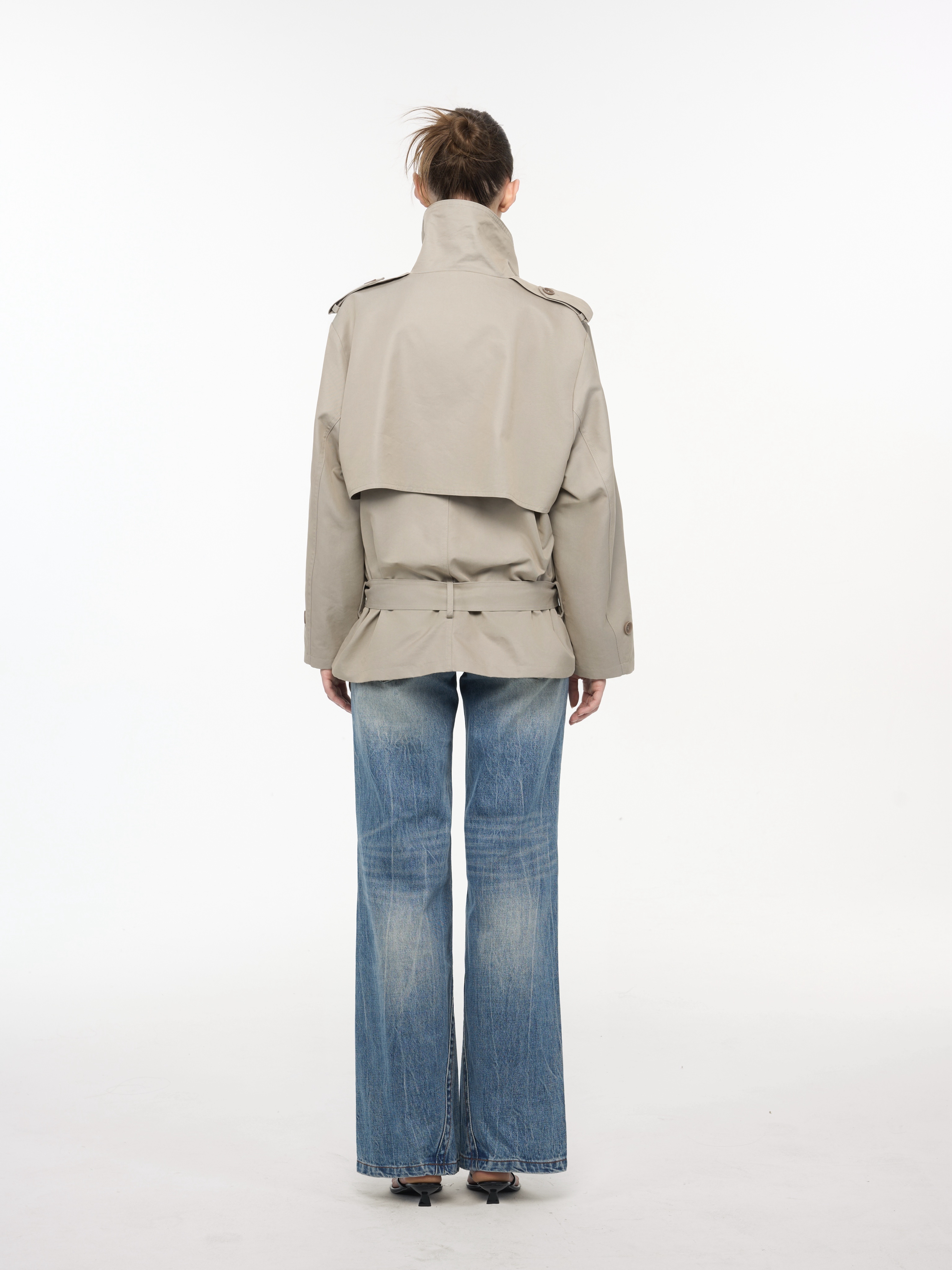 Women's Short Trench Coat, Oversized Double-Breasted Jacket with Mandarin Collar in Cool Colors